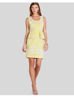 BCBGMaxAzria Yellow and Cream Lace-Overlay Peplum Mini Dress